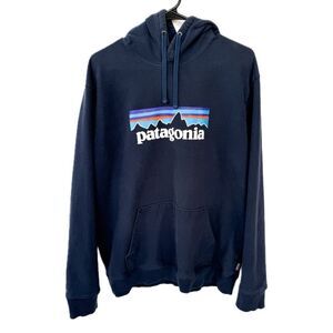 Patagonia Men’s P-6 Logo Navy Blue Long Sleeve Hooded Sweatshirt Hoodie Large